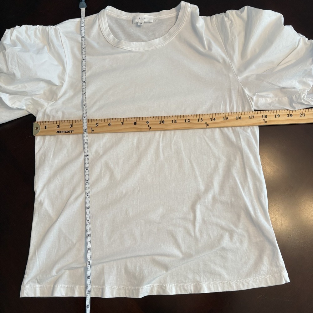 ALC 100% Cotton Ruched Puff Sleeve Top White M Minimalist Chic Career Staple USA - Picture 8 of 8